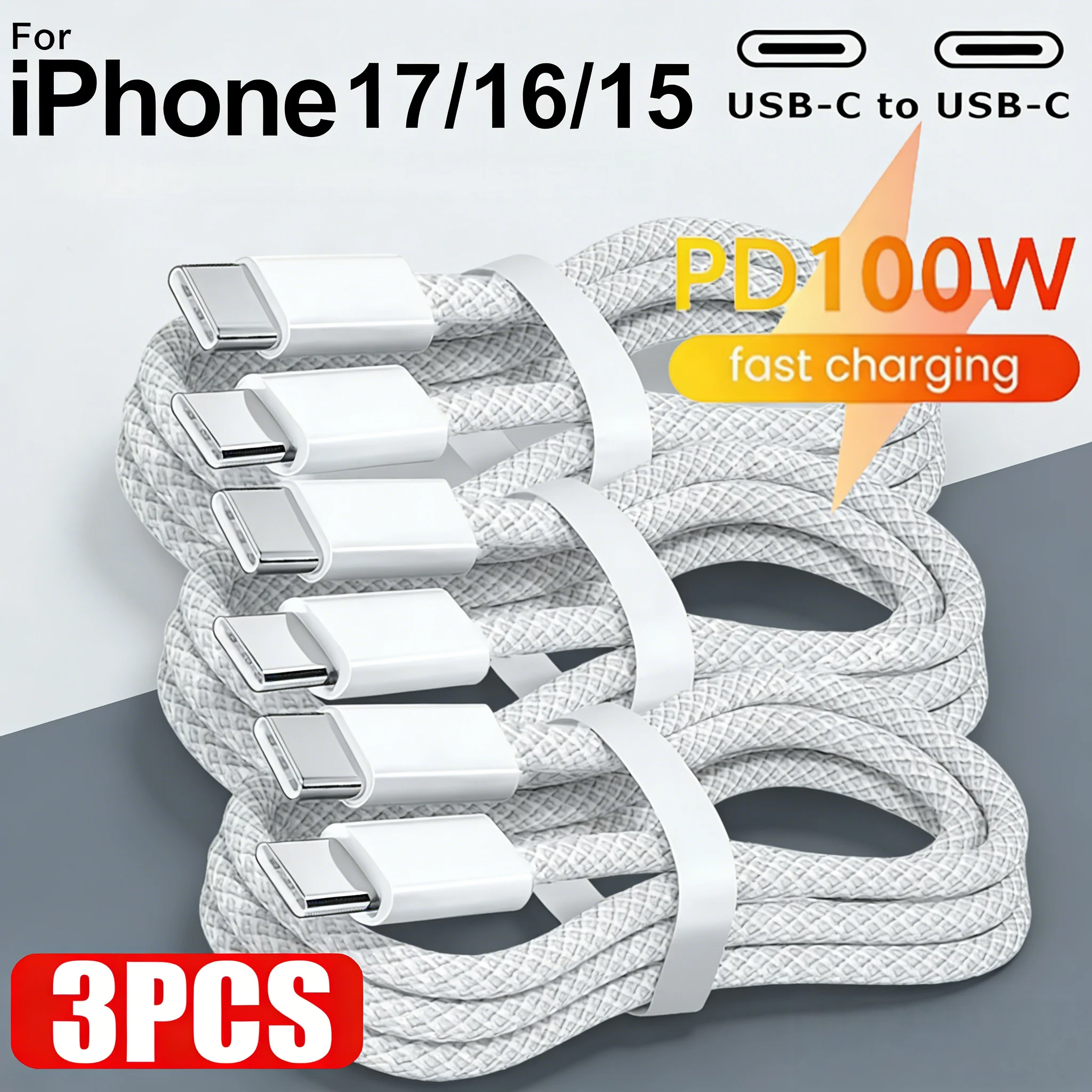 3PCS 100W USB-C To Type C Cable for IPhone 15 16 Pro PD Fast Charging Wire for Huawei Xiaomi Samsung Weaving Data Cable Line