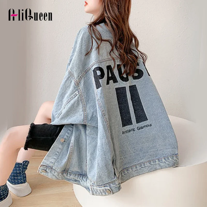 

Designer Embroidery Letters Jean Jacket for Women Vintage Loose Oversized Denim Jackets Female Korean Fashion Coats Streetwear