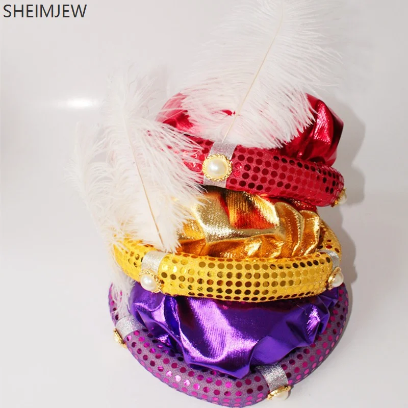 

Arab Pleated Turban Men's Turban Headdress Halloween Golden Aladdin Prince Hat Feather Hat Role Play Masquerade Costume Props