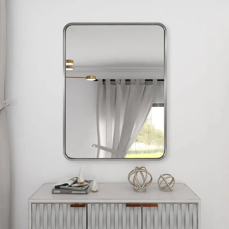 Brushed Nickel Bathroom Mirror, 40”X30” Satin Nickel Mirror for Vanity, Rounded Rectangle Mirrors in Anti-Rust Tube Metal Frame,