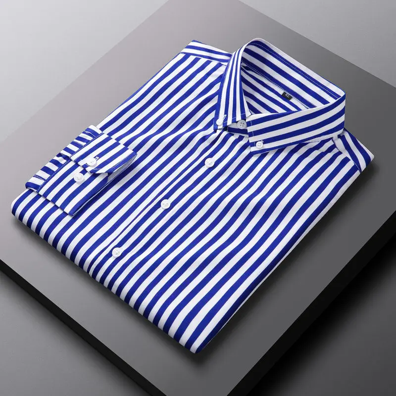 2023 New Summer Commuting Minimalist Lapel Striped Patchwork Button Pocket Slim Fitting and Stylish Office Long Sleeved Shirt