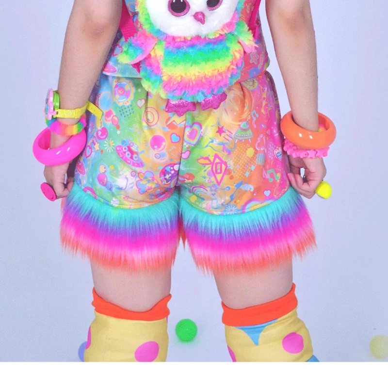 ญี่ปุ่นใหม่พิมพ์สัตว์ที่มีสีสันผู้หญิงเสื้อยืดOriginal Design 2025 ฤดูร้อนหลวมSlimming Fluffy Splicingกางเกงขาสั้นสุภาพสตรี