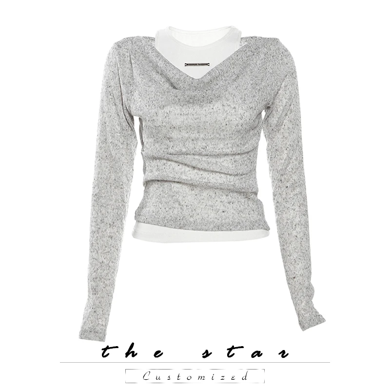 

Women Grey Gothic T-shirt Harajuku Y2k Tees Top Vintage Aesthetic Long Sleeve Asymmetrical T-shirts 2000s Emo Oversize Clothes