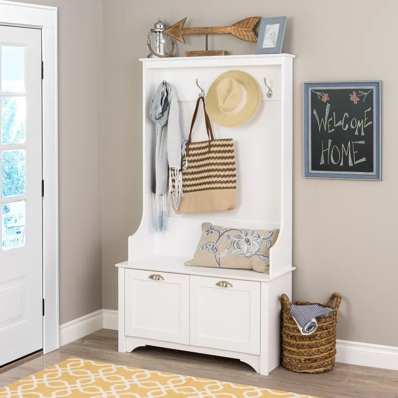 Z perchero moderno, perchero de madera, elegante banco de árbol de salón blanco con puertas agitadoras y 4 fuertes ganchos dobles para abrigos