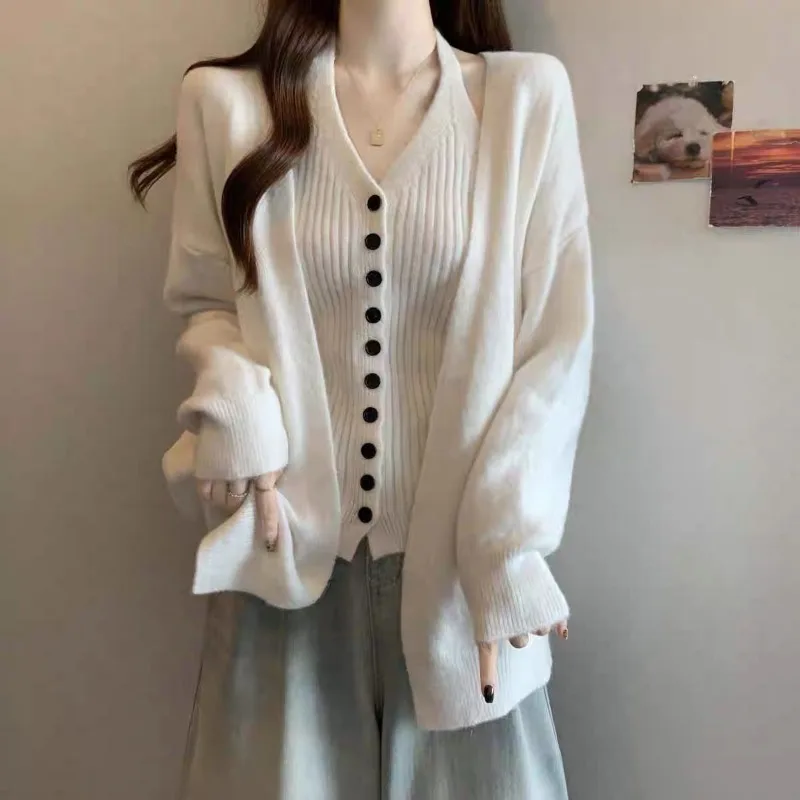 Giacca maglione allentata ispessita stile pigro Canotta lavorata a maglia autunno e inverno da donna Top in due pezzi