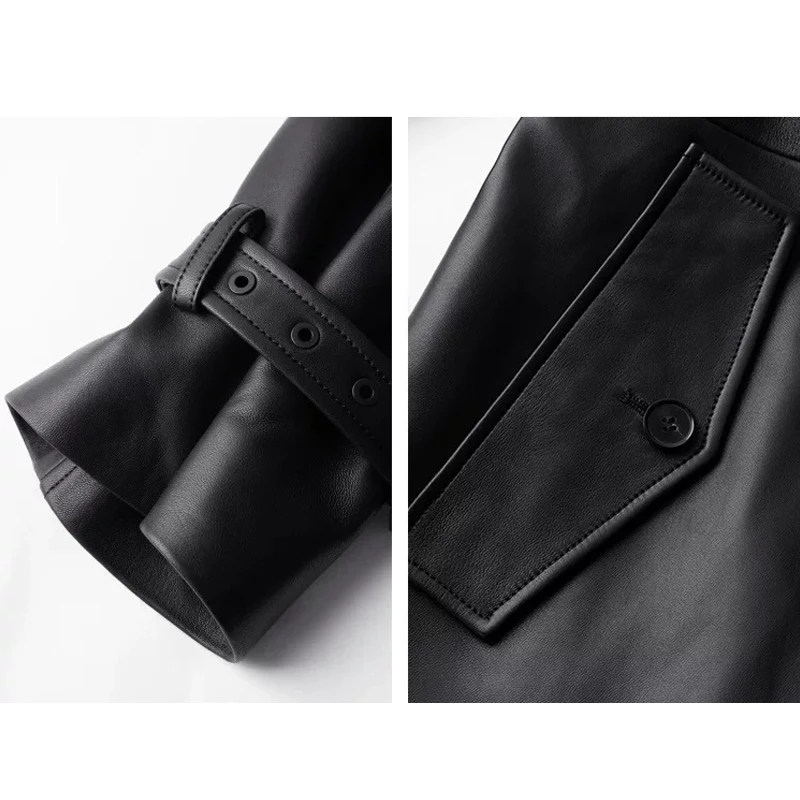 Stylowy Klasyczny Czarny Damski Płaszcz Trencz z Owczej Skóry w Kształcie Litery A, Jesień 2025, Sznurowany Pasek, Damski Płaszcz z Naturalnej Skóry, Luźny Długi Płaszcz Wierzchni