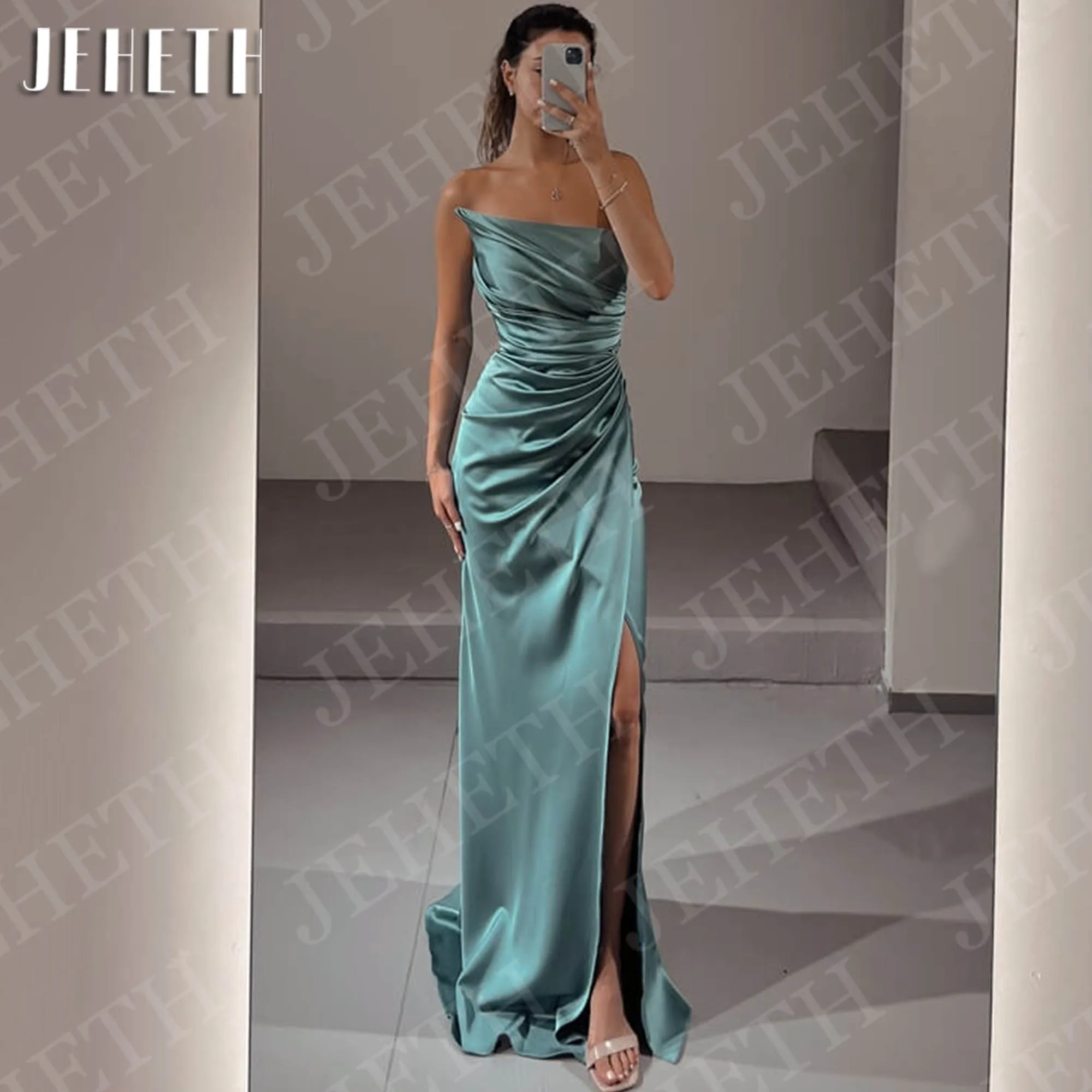 JEHETH Sexy Satin Abendkleid Hohe Schlitz Mode Liebsten Meerjungfrau Cocktail Party Kleider Angepasst Sexy Satin Abendkleid hoher Schlitz Mode armreifenlose Meerjungfrau Cocktail Party Kleider maßgeschneidert