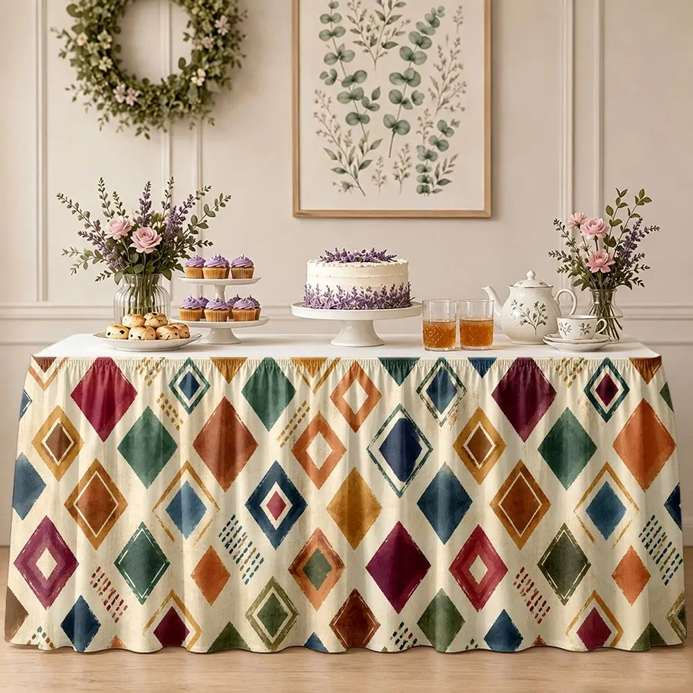 One table skirt, 2D printed design featuring colorful diamond-shaped geometric patterns.