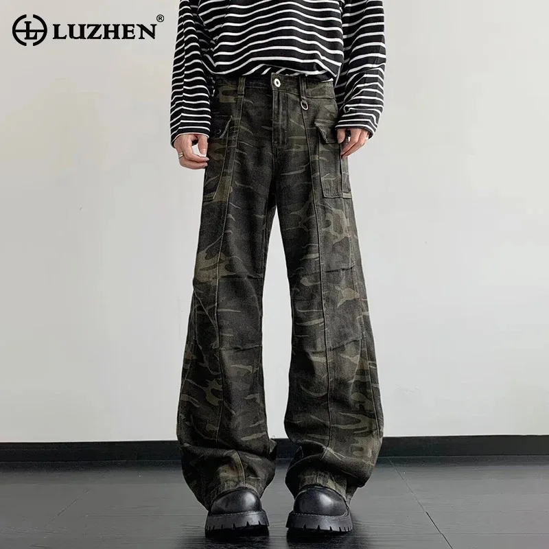 

LUZHEN Fashion Camouflage Printed Pockets Decorate Cargo Pants Men's 2025 New Straight Wide Leg Casual Trousers Clothes JY3064