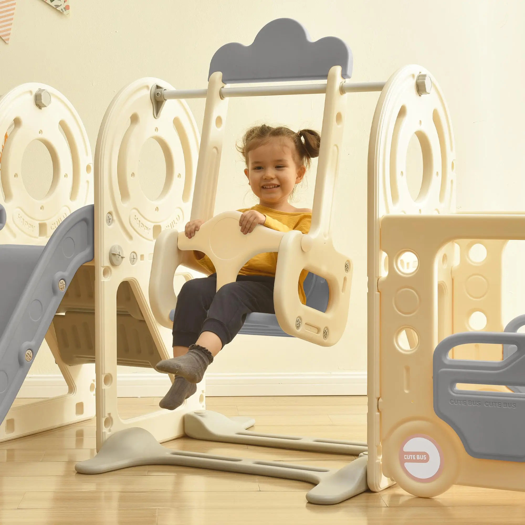 Swing-N-Slide avec structure de jeu pour enfants, jouet de bus autoportant avec toboggan et balançoire pour les tout-petits, ensemble de toboggans de bus avec basket-ball Ho