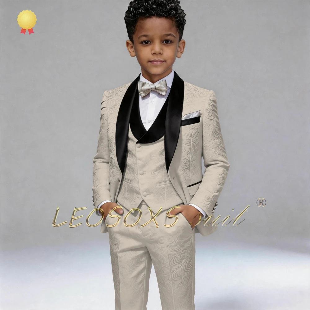 Boys' 3-Piece Contrast Shawl Lapel Tuxedo, Jacquard Blazer, Waistcoat & Trousers for Wedding Ring Bearers & Page Boys