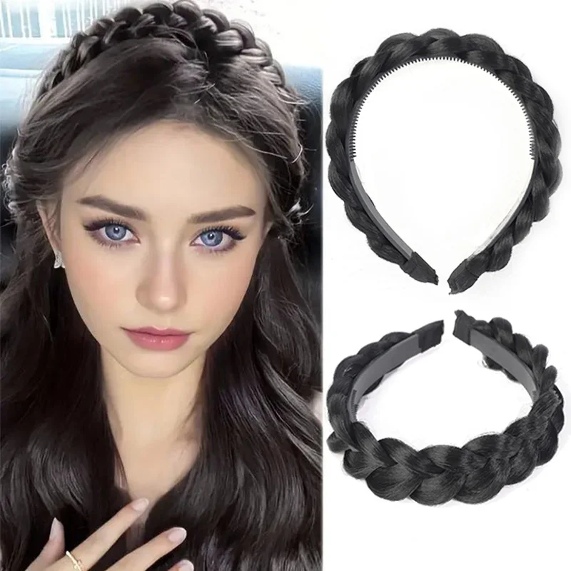 LUPU Synthetic Wide Braided Headband For Women Girls 1PC Twist Braid Headband With Two Rows of Grip Teeth Secure Design Black