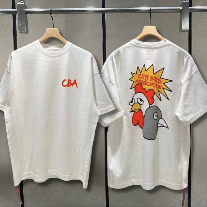 Real Photos Cotton Breathable White Beams Tshirts Cartoon Rooster Print Round Neck Short Sleeve Top Tees Men Women Cleanfit