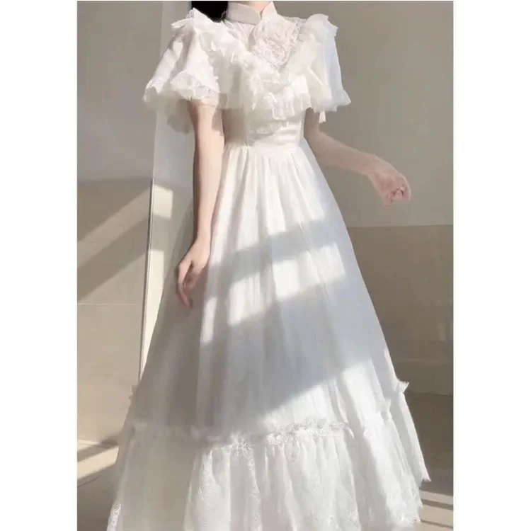Elegant Vintage Lace White Lolita Dresses Summer Sweet Puff Sleeve Dress for Women 2025 New Slim Waist Mid-length Vestidos Mujer