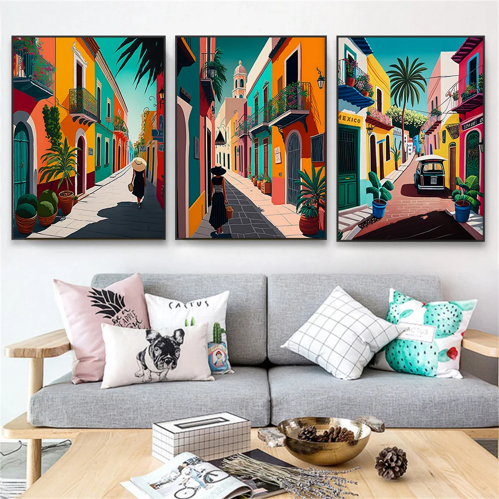 

Colorful Mexico Street Landscape Art Print Vibrant Mexican Poster Nature Art Canvas Painting Modern Wall Art Office Room Decor