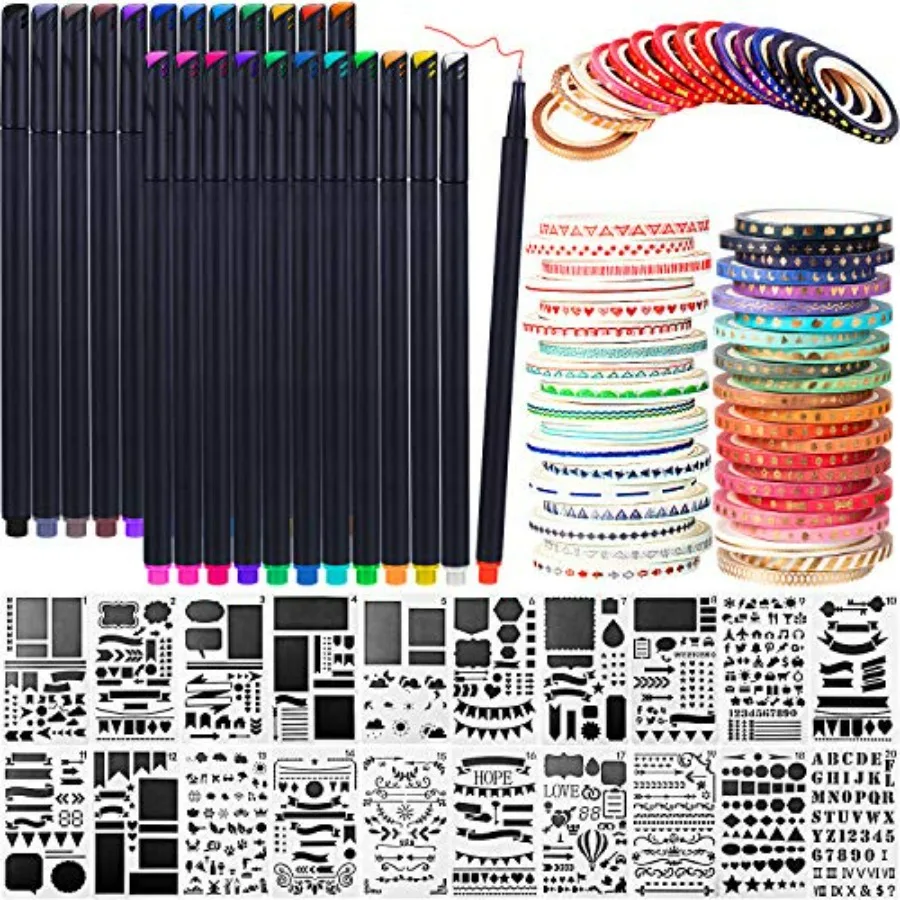 

48 Pack Scrapbooking Supplies Kit Scrapbook Tools and Supplies Journal Stencil Washi Tape and Journal Planner Pen for Notebook