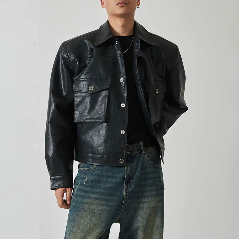 

Mens Autumn Pu Leather Jacket Motorcycle Nightclub Shoulder Pad Coat Biker Streetwear Fashion Stage Performance Top Men'S Wear