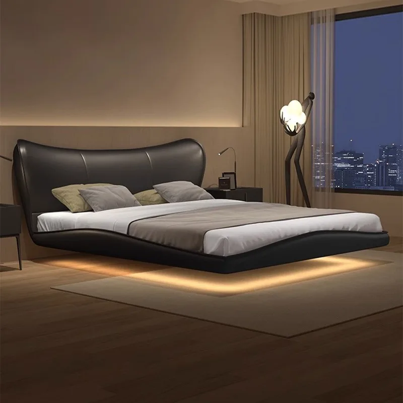

Leather bed Modern simple minimalist bed Shaped light with suspended bed Master bedroom Home