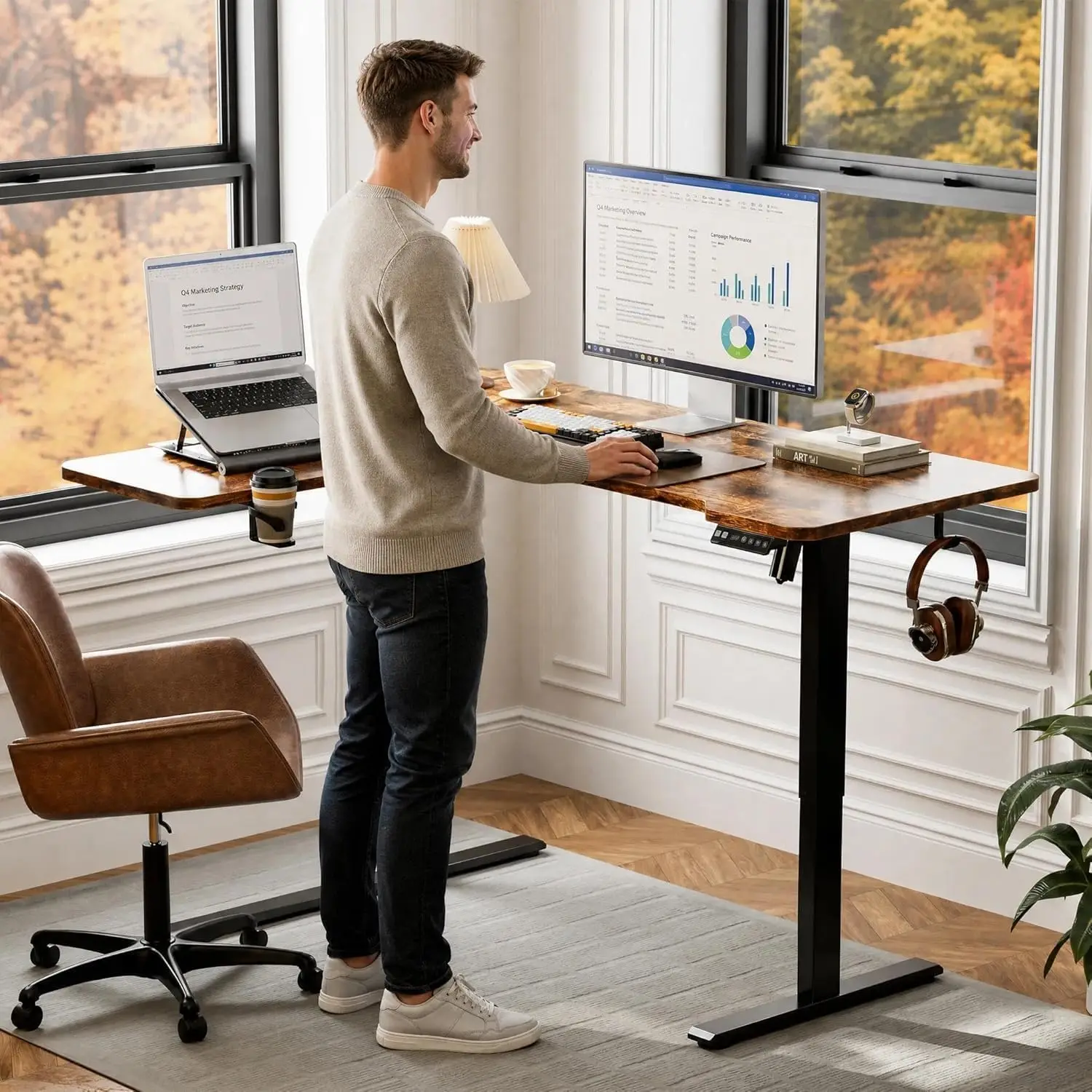 L Shaped Electric Standing Desk,59x40 Reversible,Rustic Brown