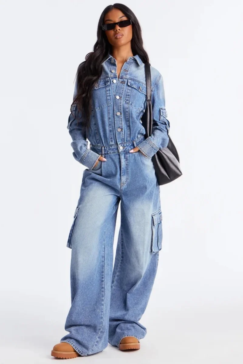 

Streetwear Denim Jumpsuit Spring Clothes Women Long Sleeve Multi Pocket Cargo Jeans Rompers Playsuits One Pieces Outfit Overalls