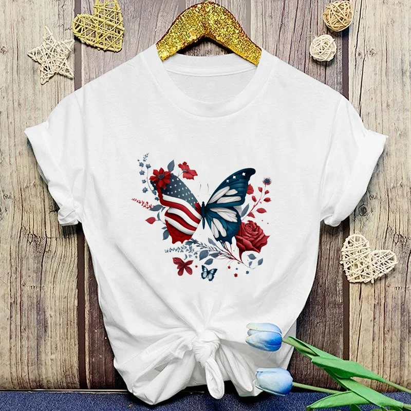 

Women's Fashion Flag Floral Butterfly T-shirt Tops Summer Fashion Women's Butterfly Harajuku T-shirt Shirt