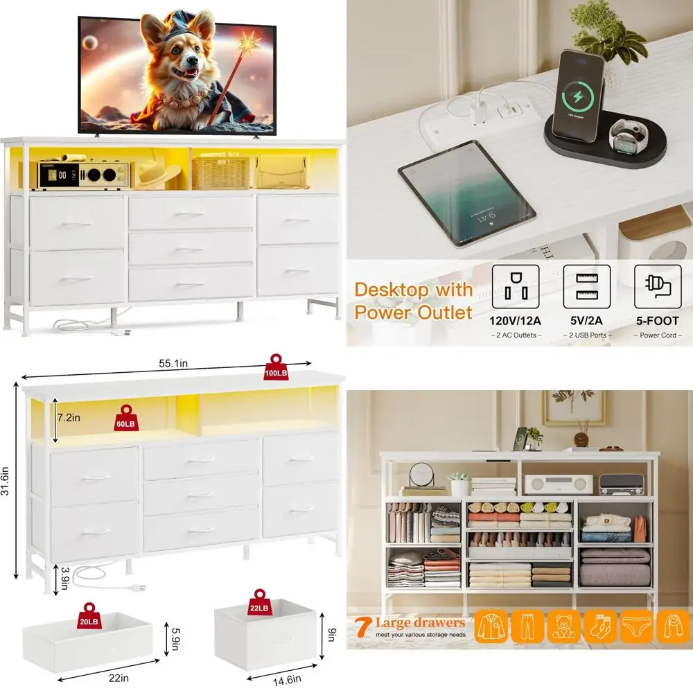 Fixwal Suporte de TV de 55 polegadas para quarto Cômoda branca com luzes LED e estação de carregamento, suporte de TV de 65 polegadas de comprimento com 7 F