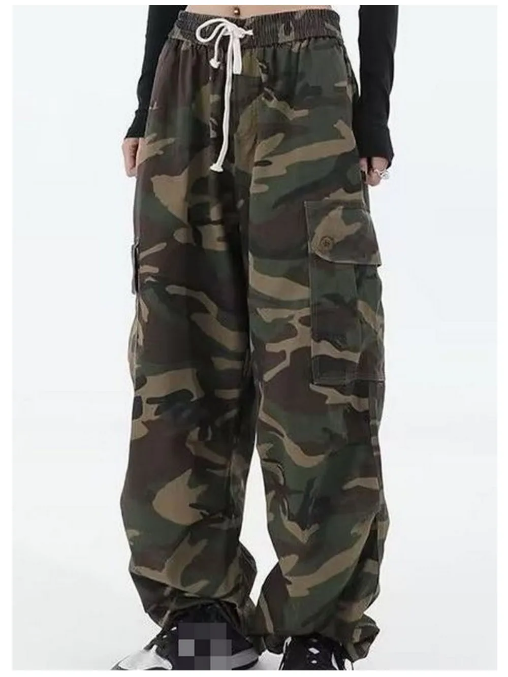 

Женские камуфляжные брюки зеленого цвета, карго-брюки, военные армейские боевые брюки, широкие джинсы, тактические спортивные штаны, широкие брюки на шнурке