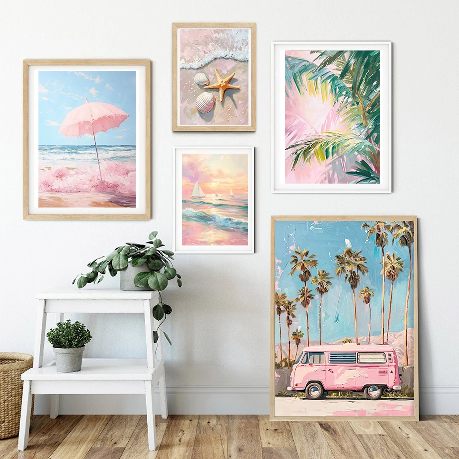 Pink Coastal Beach Umbrella Print Preppy Painting Poster Girly Dorm Wall Art Canvas Painting Nordic Poster Home Living Room Deco