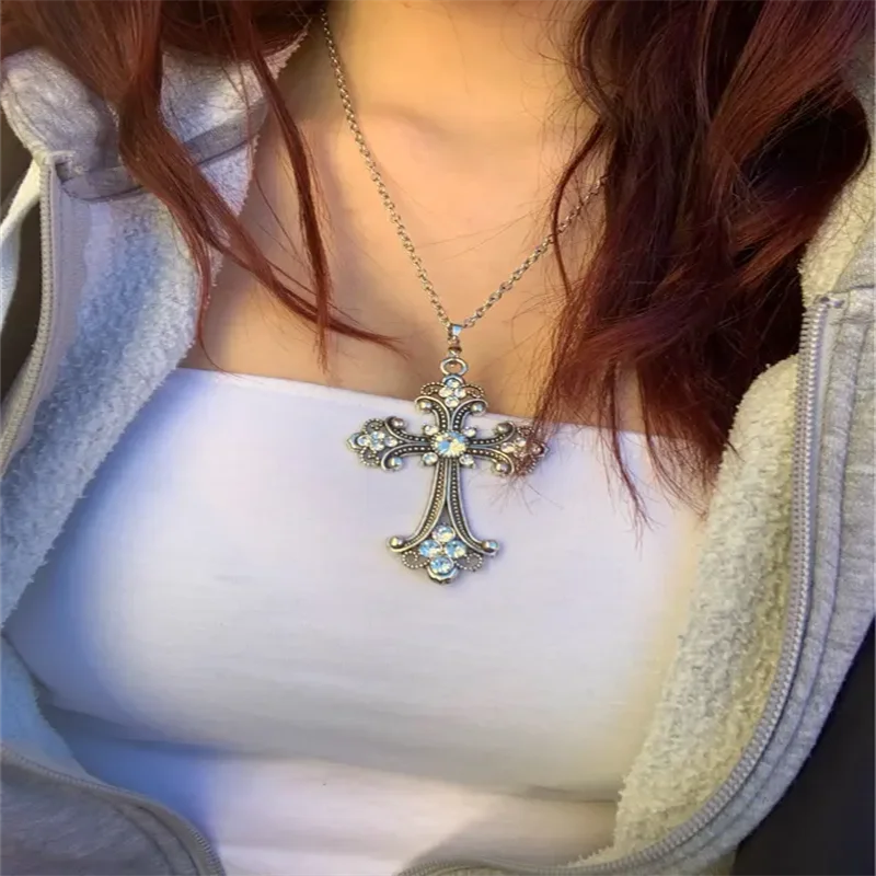Large Detailed Rhinestone Cross Jewel Necklace Silver Color Tone Pendant  Goth Punk Jewellery Fashion Charm Statement Women Gift