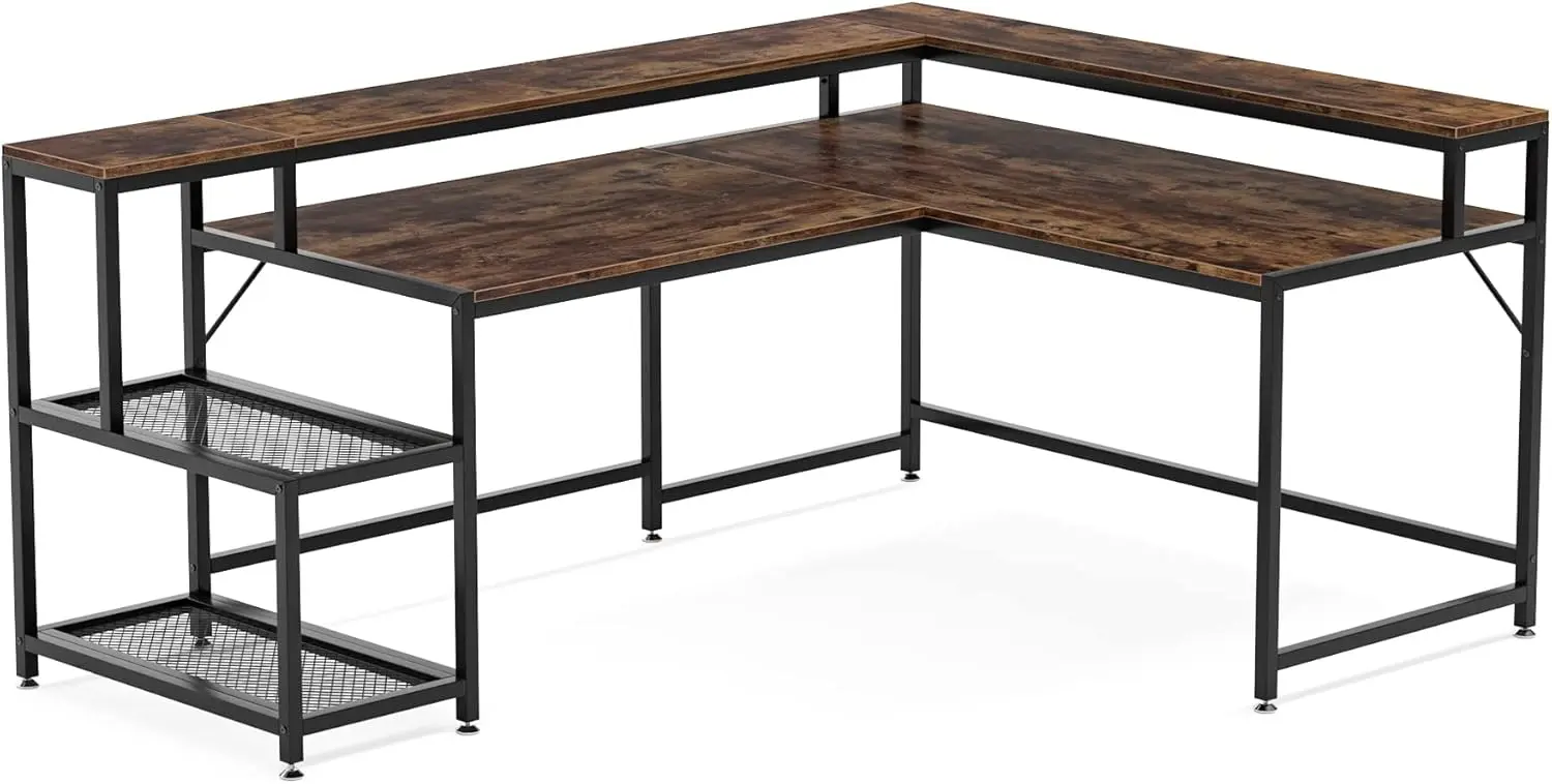 L Shaped Desk with Monitor Stand, Storage Shelf, Industrial Computer Table, Writing Desk for Home Office, 69 Inch