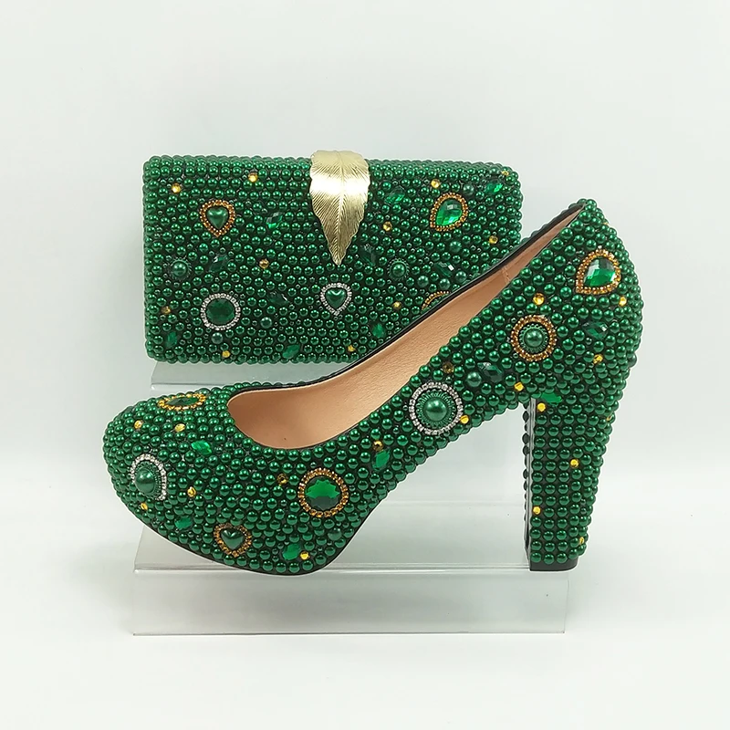 Fashion thick with New arrival Green Pearl Bridal shoes and Bag Set woman party dress shoes Big size High Pumps