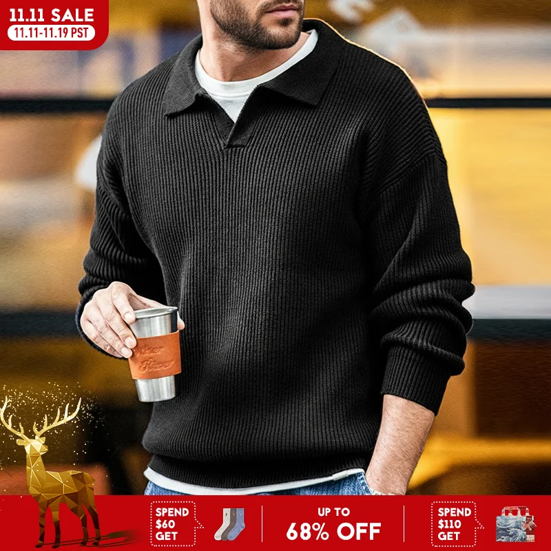 Maden Retro Polo Neck Knit Vertical Woven Polo Shirt Lazy Pullover Sweter Męski Jesień i Zima Klapa Miękki Ciepły