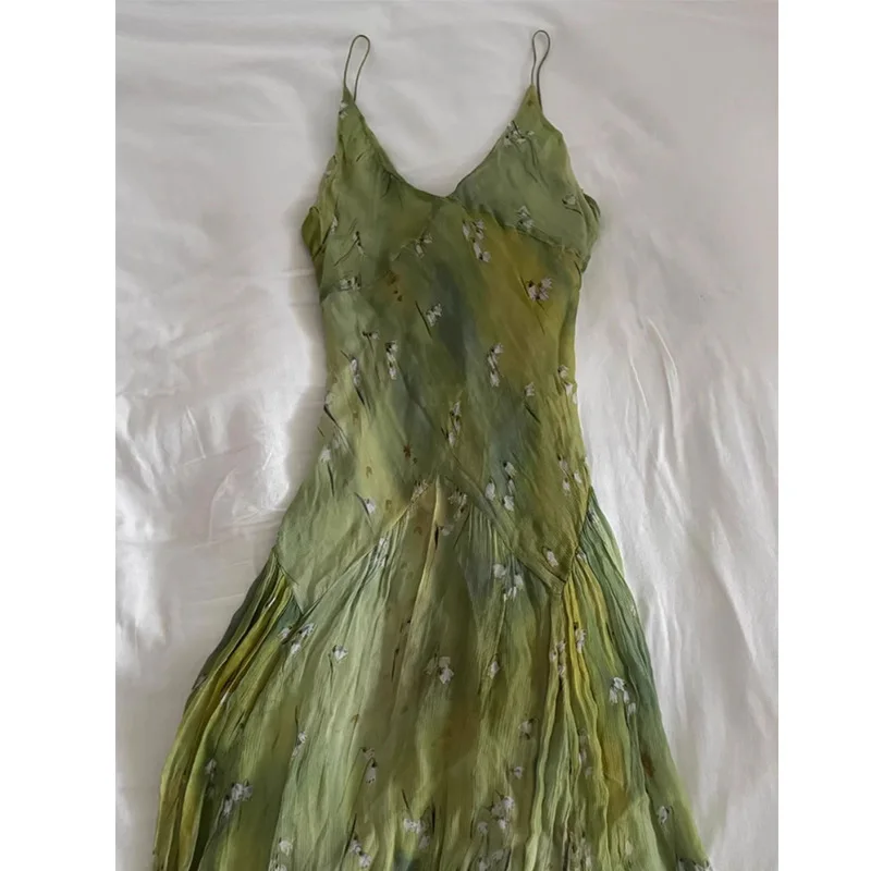 2025年新作 ヴィンテージ エレガント フレンチフローラルプリント Vネック ストラップレス ミディ丈ワンピース レトロ レディース スイート サマーバケーションスタイル ロングワンピース