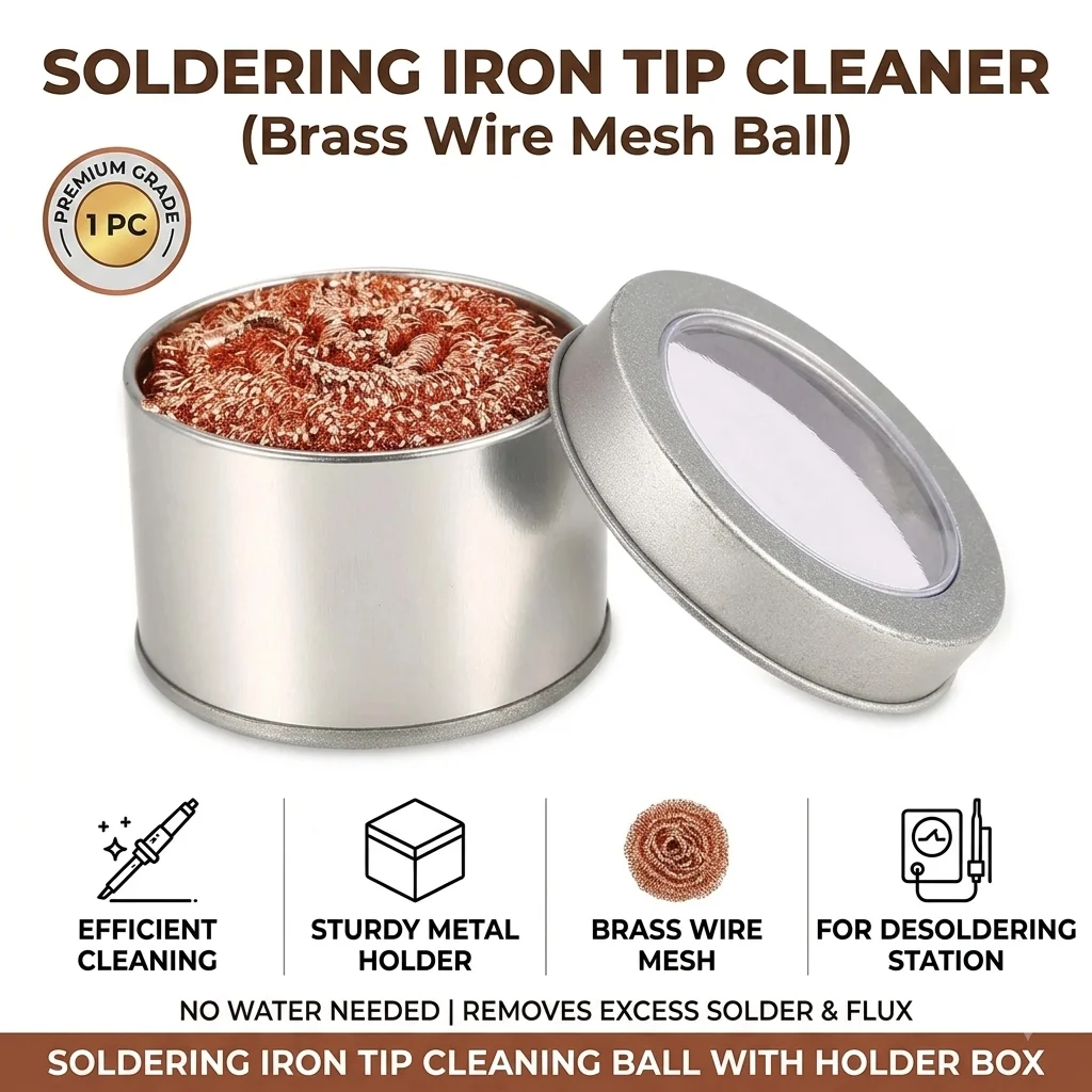 Soldering Iron Tip Cleaner Brass Wire Mesh Ball Cleaner With Metal Holder Holder Box For Desoldering Station Cleaning 1 Pc