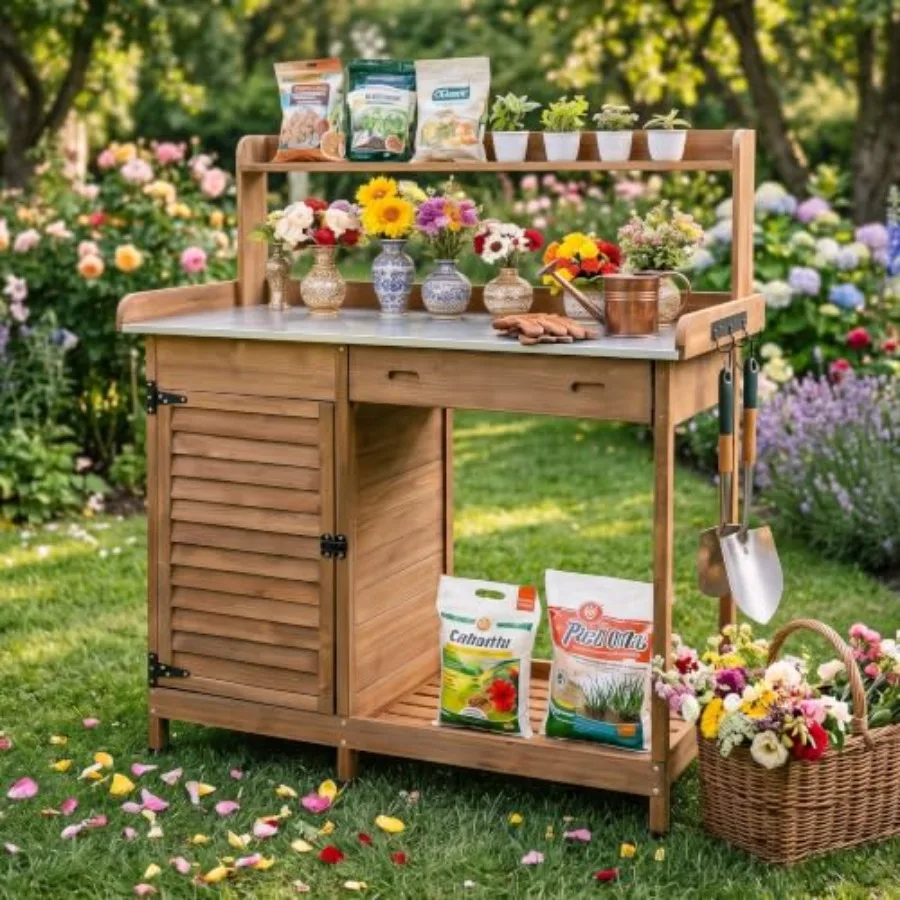 Outdoor Potting Bench Table, Wooden Weatherproof Garden Work Station with Sliding Drawer, Metal Table Top, Metal Hooks, Large B