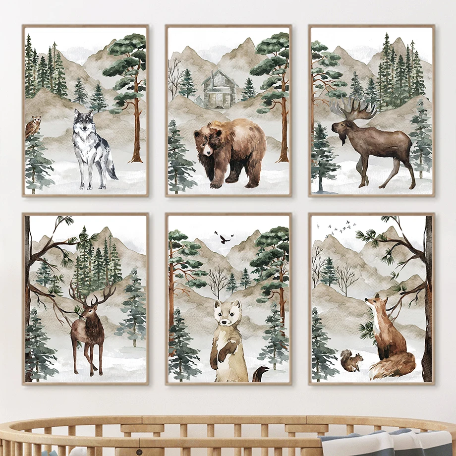 Watercolor Jungle Animals Poster Wolf Bear Deer Fox Elk Wall Art Mural Print Canvas Painting Wall Pictures Kids Room Home Decor