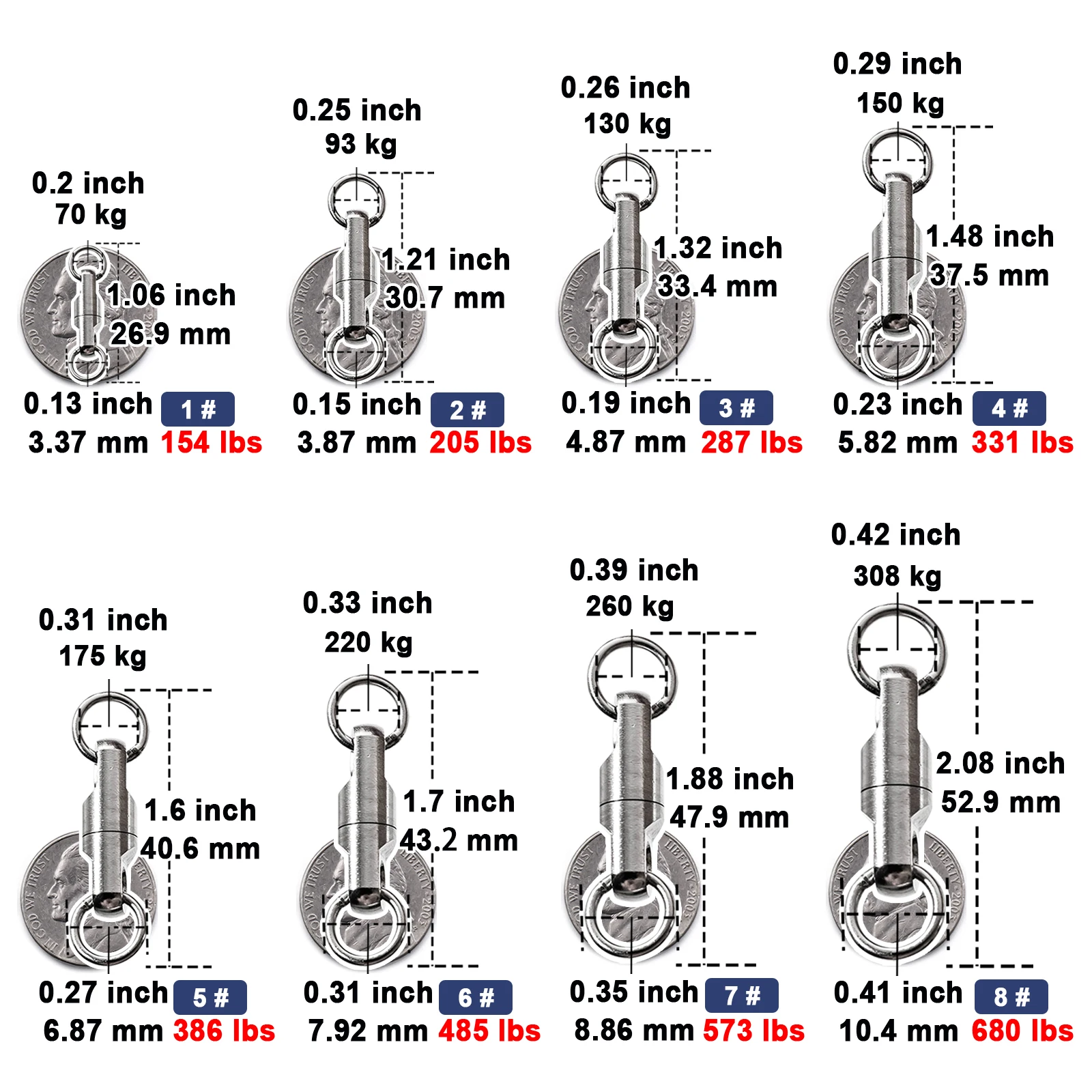 Heavy Duty Fishing Swivels Ball Bearing Swivel with Solid Welded Rings Stainless Steel Swivels Connector Tackle for Saltwater