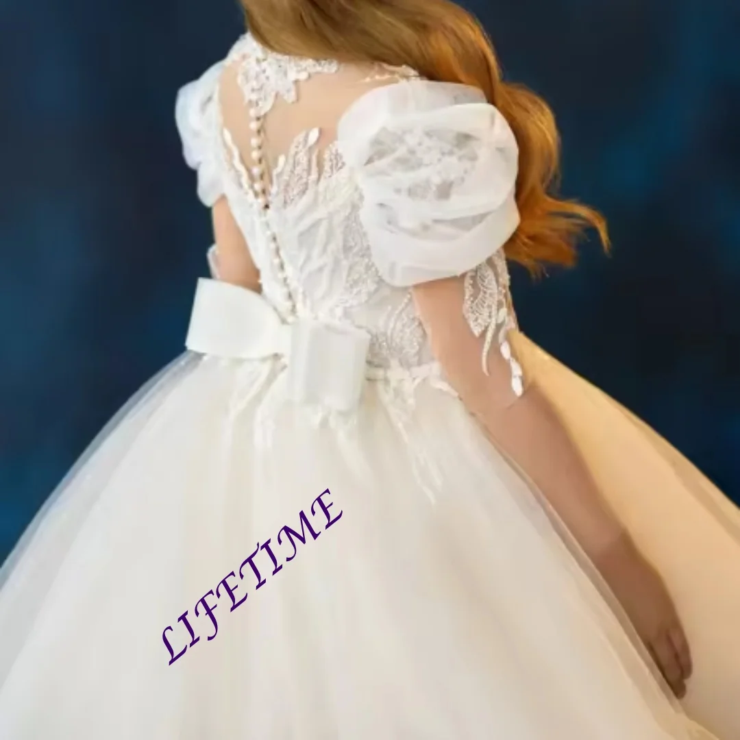 CustomizedWhite Lace Flower Girl Dresses For Wedding Customized Long Sleeve High Neck Litter Kids Baby Birthday Gown First Commu