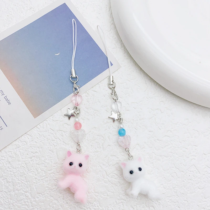 Kawaii Cute Flocking Cat Beaded Keychain Mobile Phone Anti-lost Lanyard Earphone Case Camera Chain Backpack Pendant Decor Gifts