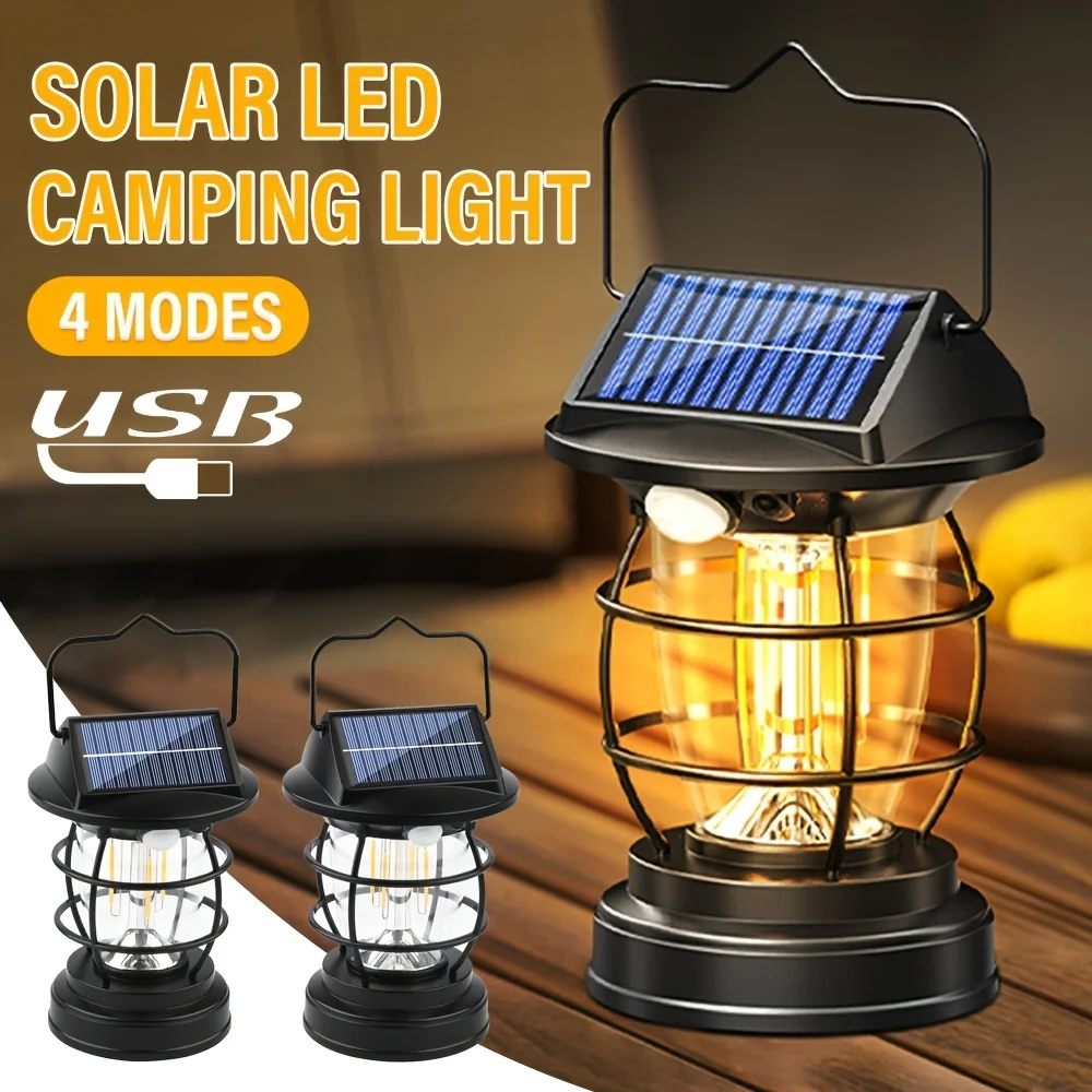 Luz eléctrica portátil para acampar solar recargable, linterna LED, luz de transporte portátil retro, 4 modos de luz