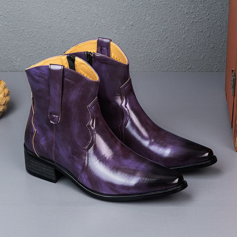 

Luxury Purple Chelsea Boots for Men Elegant High Heels Shoes Leather Party Dress Boots Man Fashion Zipper Pointed-toe Boots Men