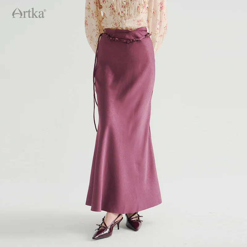 ARTKA 2024 Early Autumn New Women Skirt Fashion Elegant Long Satin Skirt High Waist Slim Fishtail Skirts With Belt QA92542Q