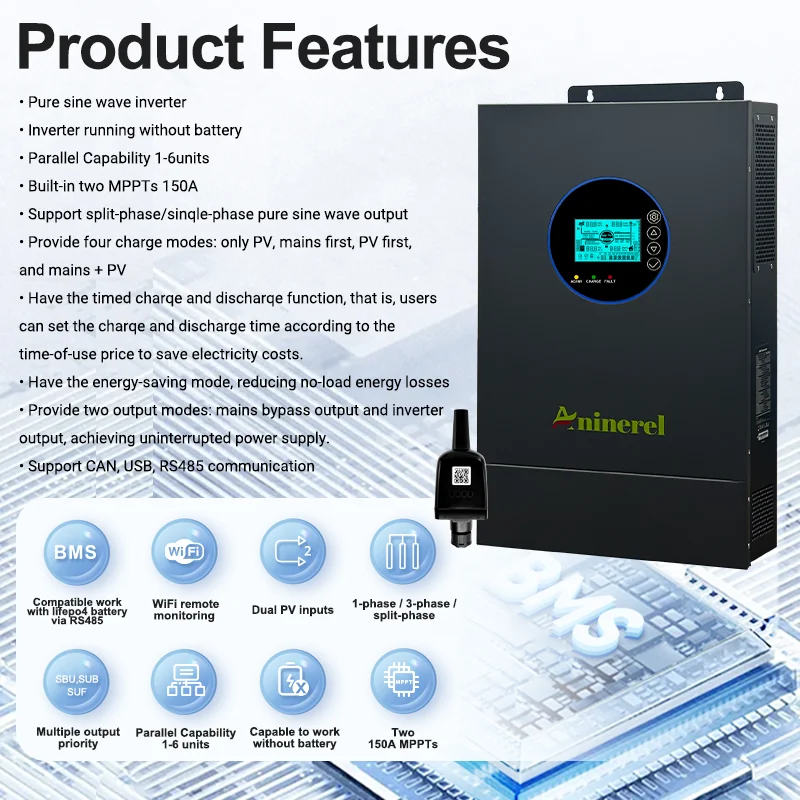 Aninerel 7200W 48V Split Phase Hybrid Solar Inverter Dual MPPT Color LCD Display MPPT 150A Off/On grid Inverter Parallel 6 Units