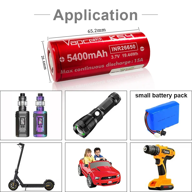 1-6pcs High Capacity Vapcell K54 LI ION Battery INR 26650 K54 5400mah 15A 3.7V Rechargeable Batteries For Flashlight Power Tool