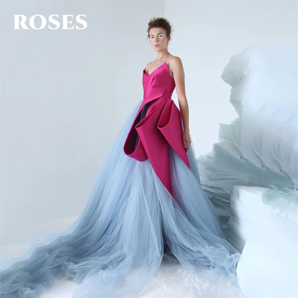 

ROSES Blue and Pink Prom Dress Sleeveless Scalloped Celebrity Dress Women's Evening Dress Stain Formal Gown For Woman Customized
