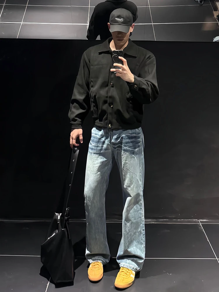 

Cleanfit Lightning Pattern Denim Jeans Men's High Street Vibe Tapered Straight Leg Jeans mid Waist Zipper Closure Casual Wear