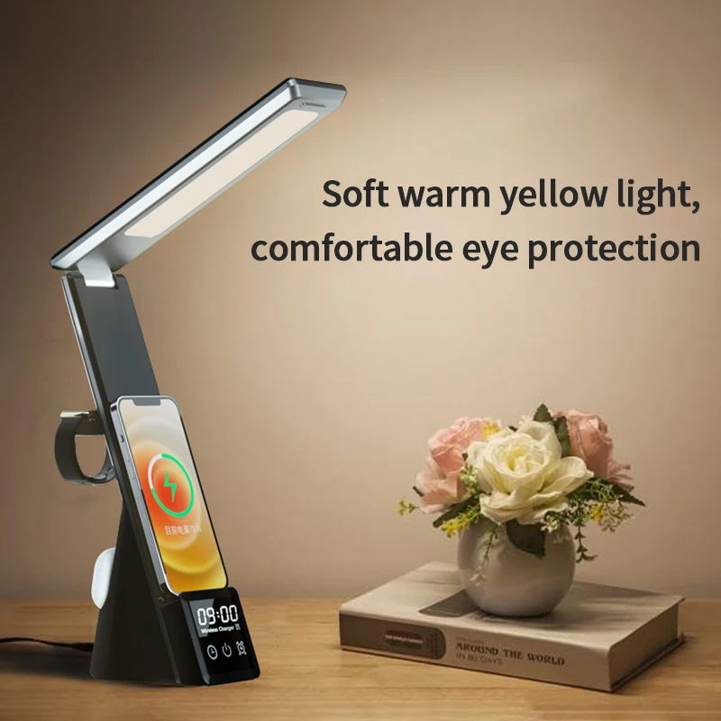 New 15W EyeCaring 3 in 1 LED Desk Lamp with alarm clock mobile QI Wireless Charger Lamp