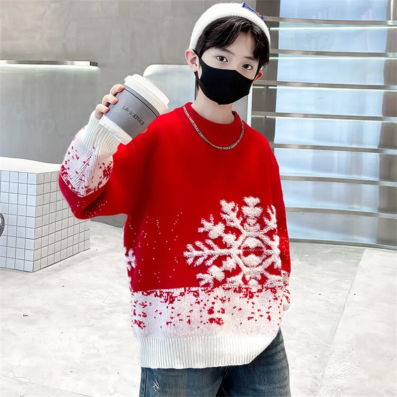 Child Autumn Winter Christmas Sweater One Piece For Boys Kids Red New Year Pullover Knitwear with Snowflakes Sweaters 5 To 14 Y