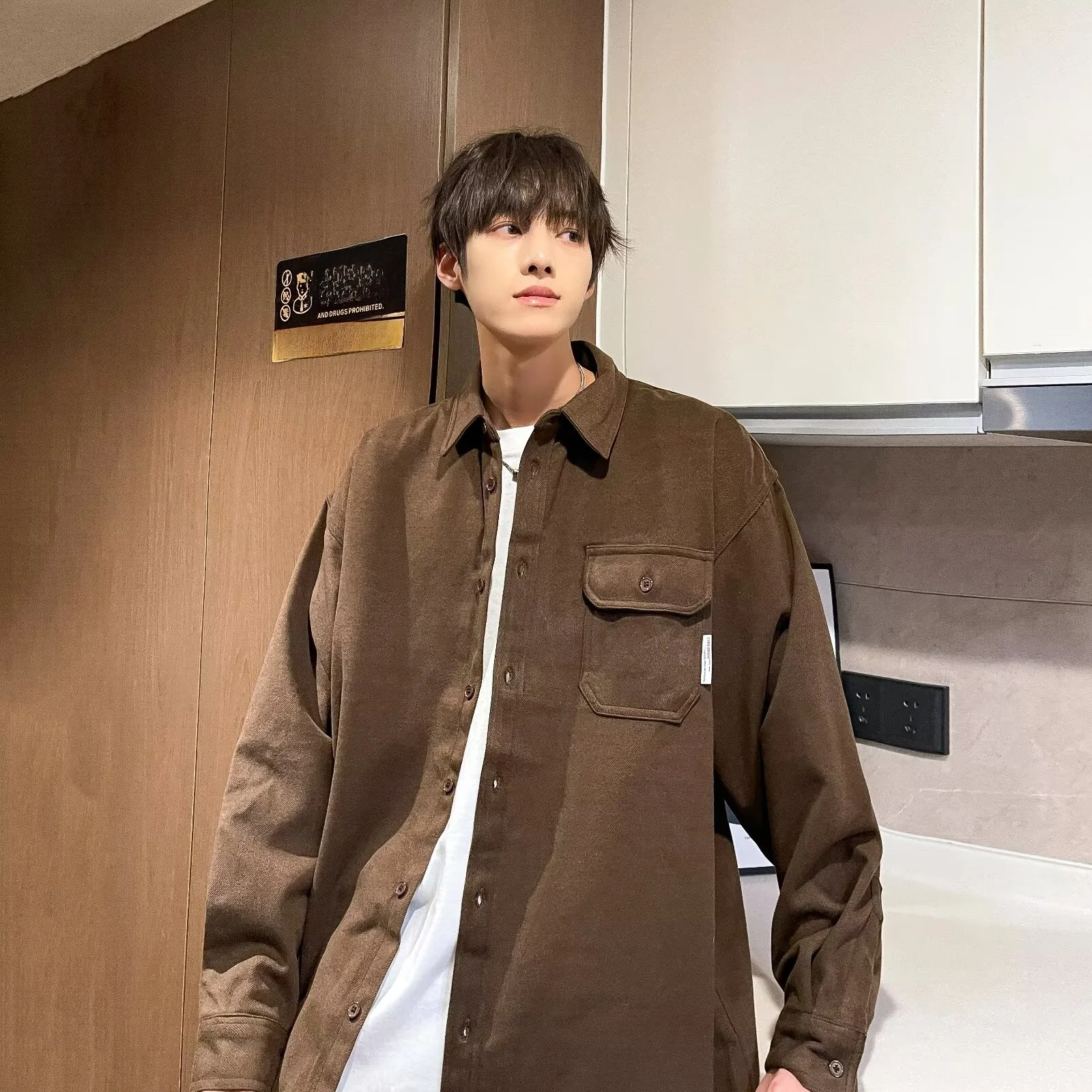 

Autumn Winter Large Size Men's Woolen irt Casual Loose Outerwear Workwear Jaet Trendy Vintage Brand Youth ular