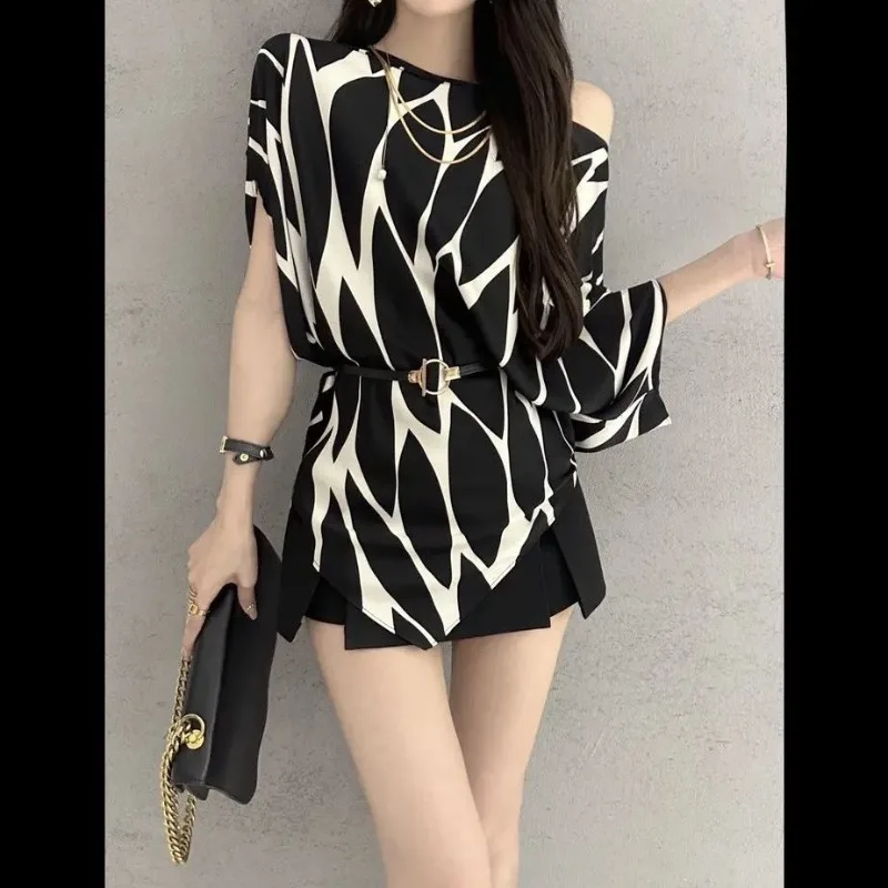 Summer Striped Off Shoulder Women's Shirt Loose Top